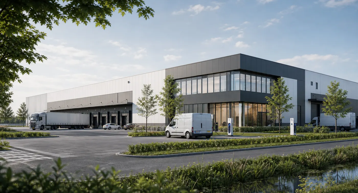 Modern bedrijfspand met logistiek en verkeer voor stikstofberekening