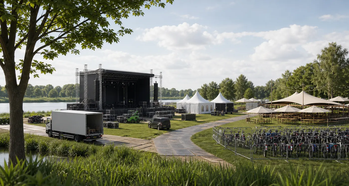 Evenemententerrein in opbouw met tijdelijke voorzieningen en groene omgeving