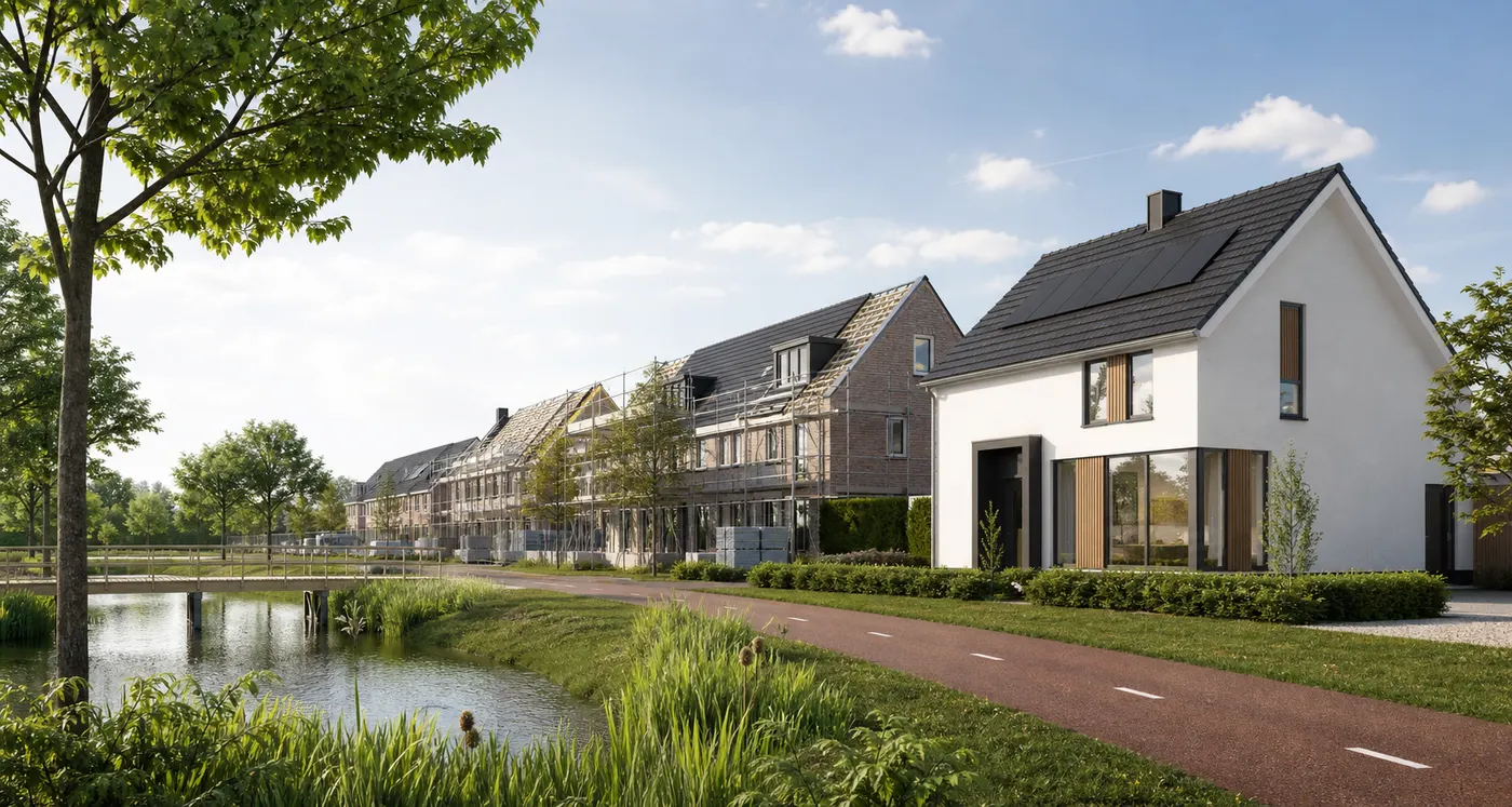 Woningbouwproject in groene Nederlandse woonomgeving